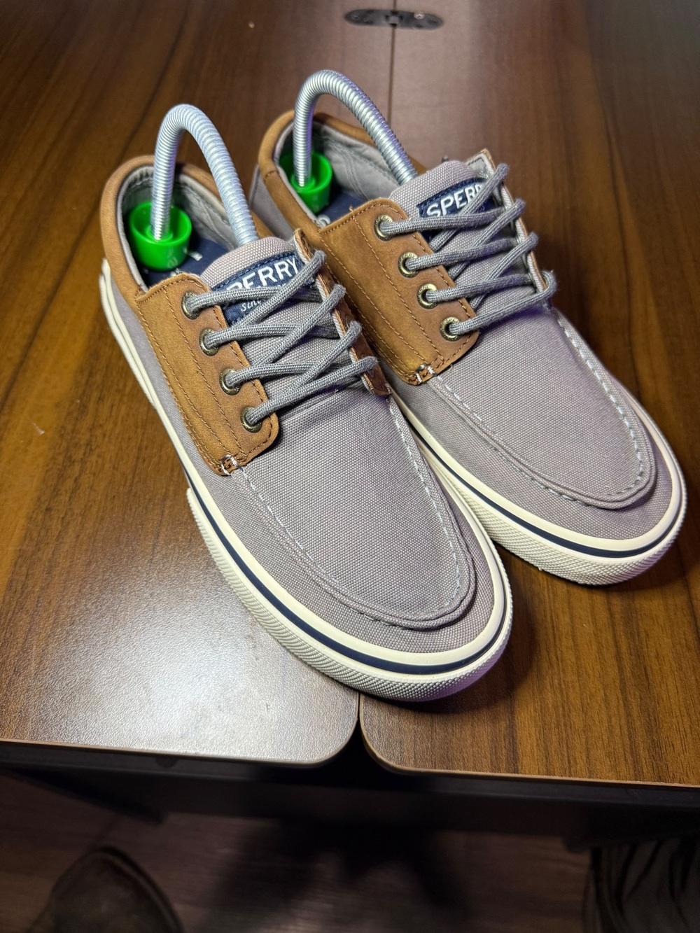 Sperry Gray Canvas and Tan Leather-Trim Boat Shoes